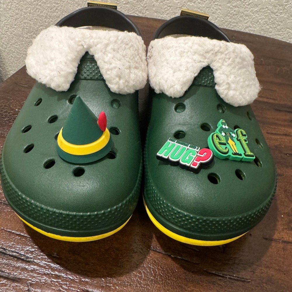 Buddy The Elf Crocs Lined Clogs Green Yellow Sherpa‎ Lined Elf Hat Elf Charm